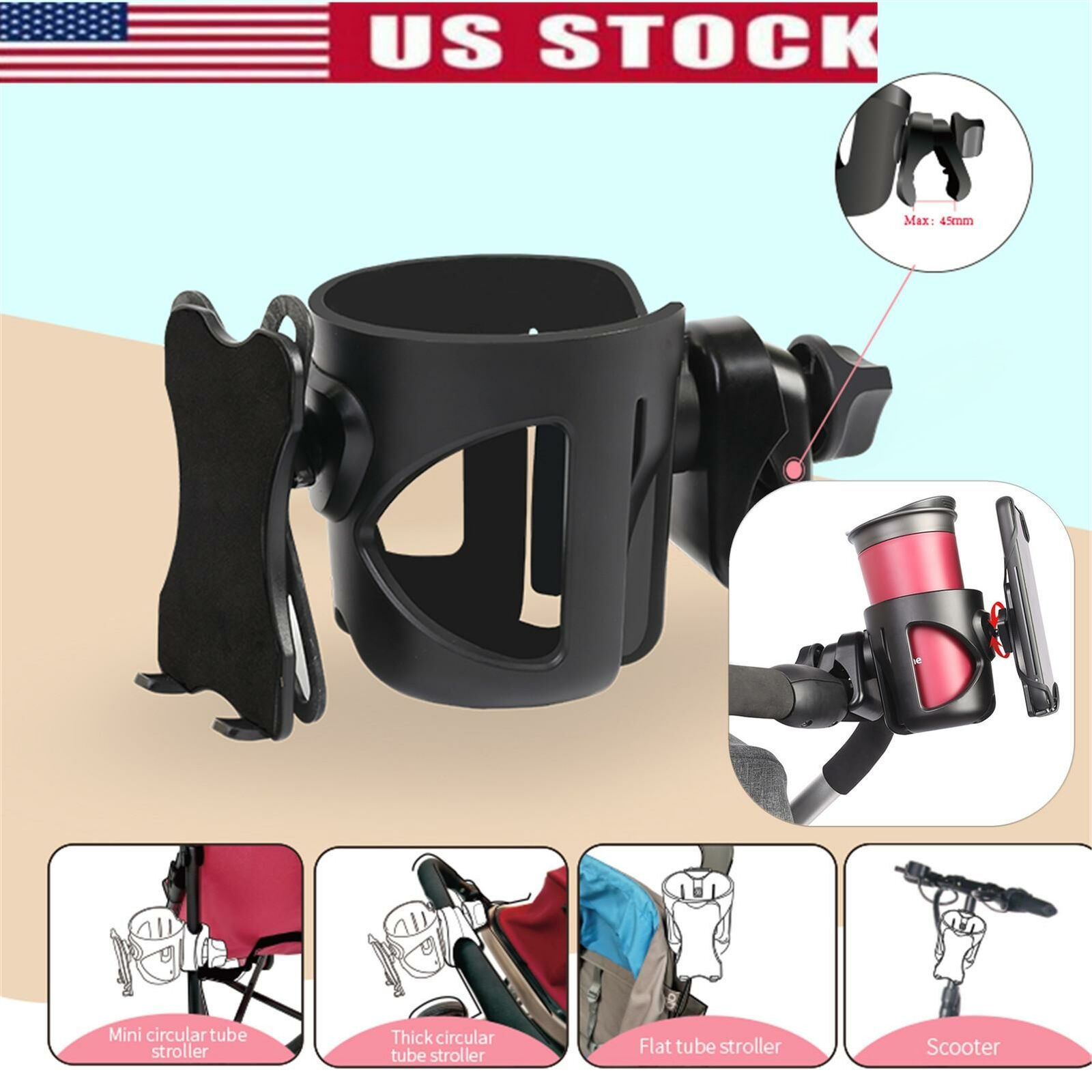 2-in-1 Universal Baby Stroller Cup Holder Mobile Phone Holder Bicycle Wheelchair