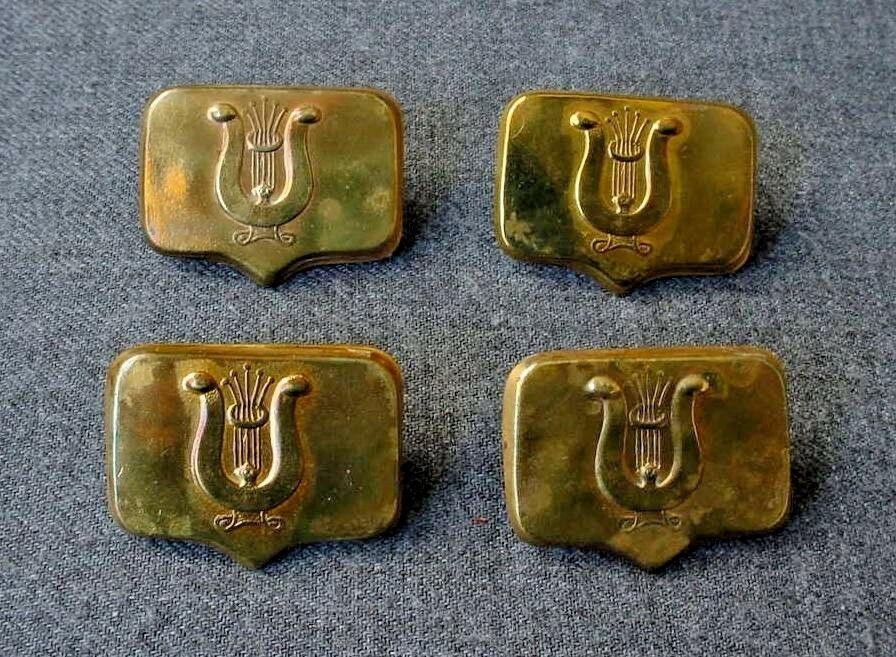 4 Vintage Embossed Lyre Shield Shaped Golden Metal Appliques Embellishment