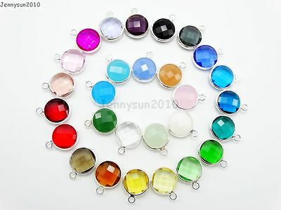 10Pcs Czech Colorful Crystal Channel Birthstone Pendant Charm Beads Silver Set